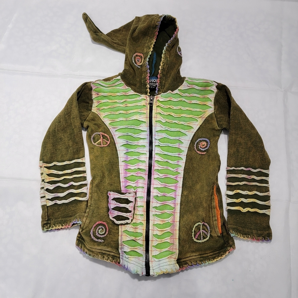 Shop Theapy Fill Zip Boho Bohemian Sweater Over Layer Green Peace Hoodie Sz M/L